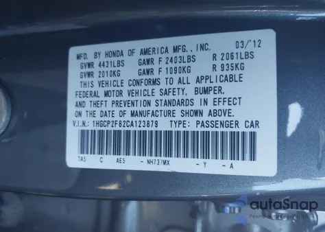 2012 Honda Accord 2.4 Ex-L from USA, damaged, VIN 1HGCP2F82CA123879